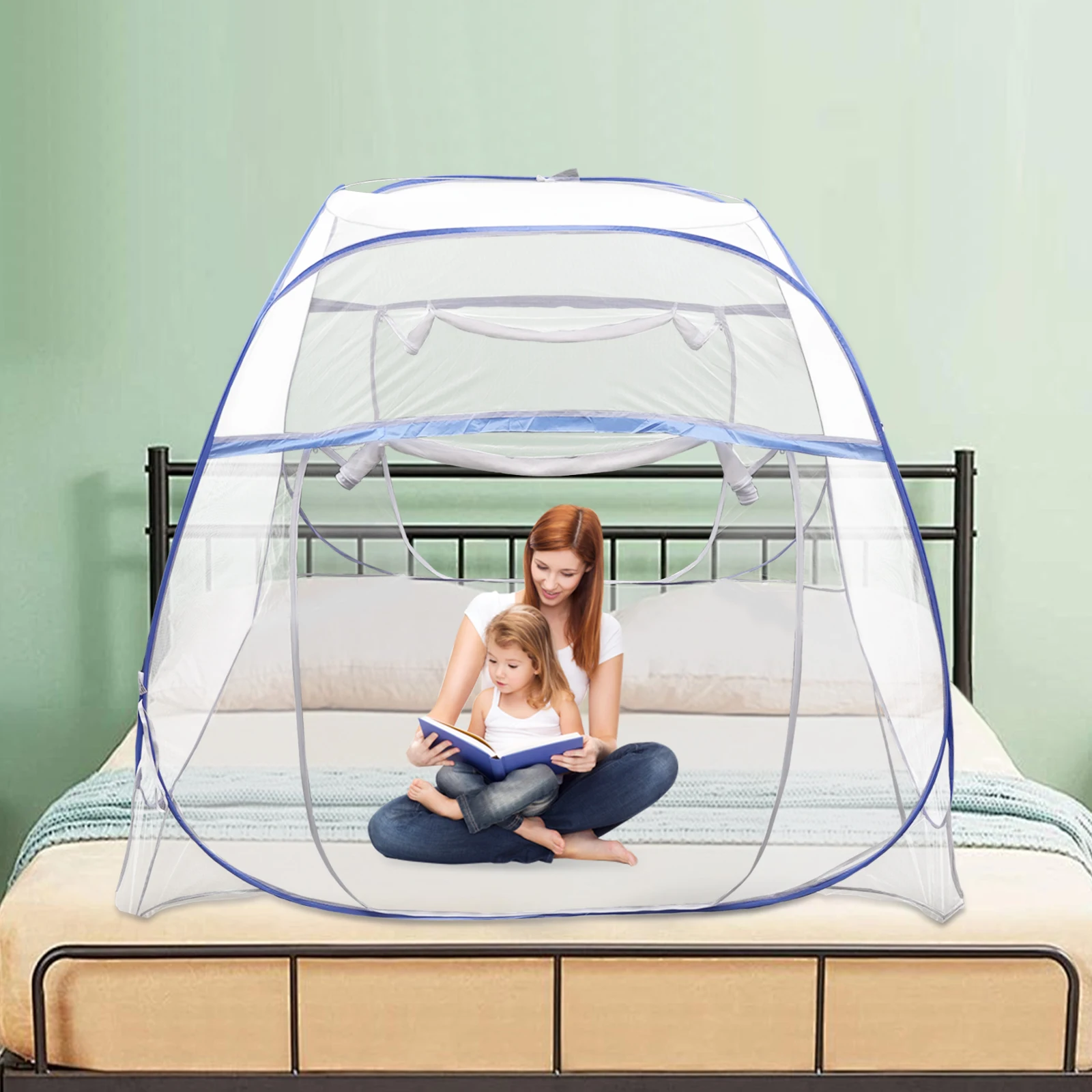 Blue Bed Canopy Four-square Top Triple Door Double Zip Mosquito Net Lightweight Fashion Bedding Mosquito Nets Easy Installation