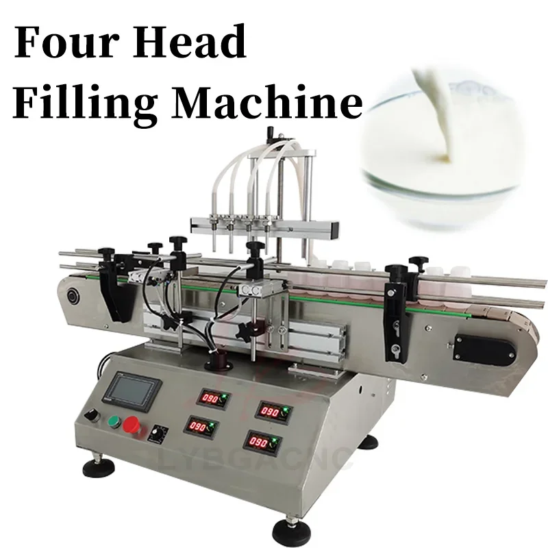 Automatic Touch Screen Control Four Heads Nozzles Liquid Filling Machine, Magnetic Pump with Small Conveyor Line, Juice Milk