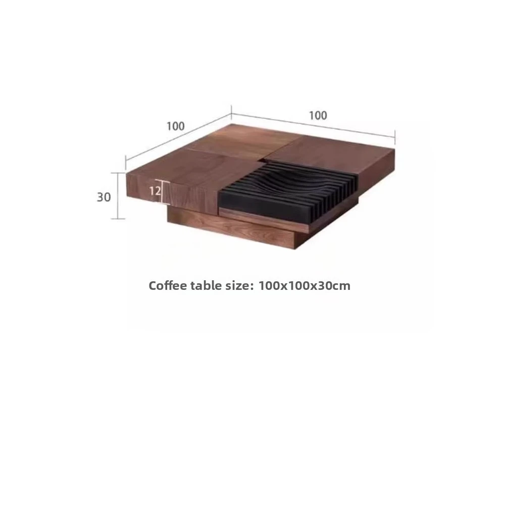 Modern Walnut Wood Coffee Table, Square Tea Table with Storage Drawers for Living Room