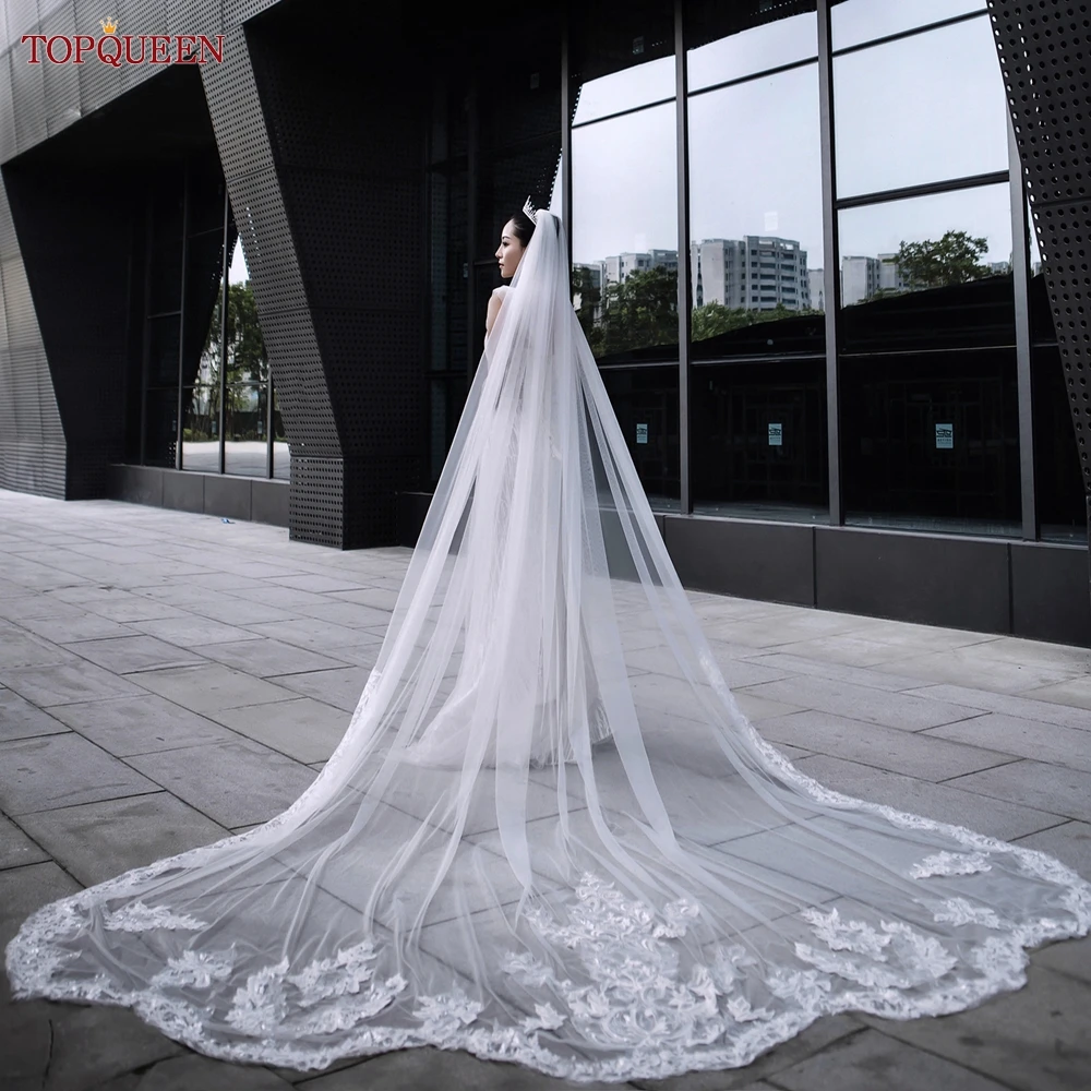 TOPQUEEN V151 High Quality Wedding Veil 5 Scallop Lace Trim Bridal Velis of 3 Meters Cathedral Length Embroidered Mantilla Bride