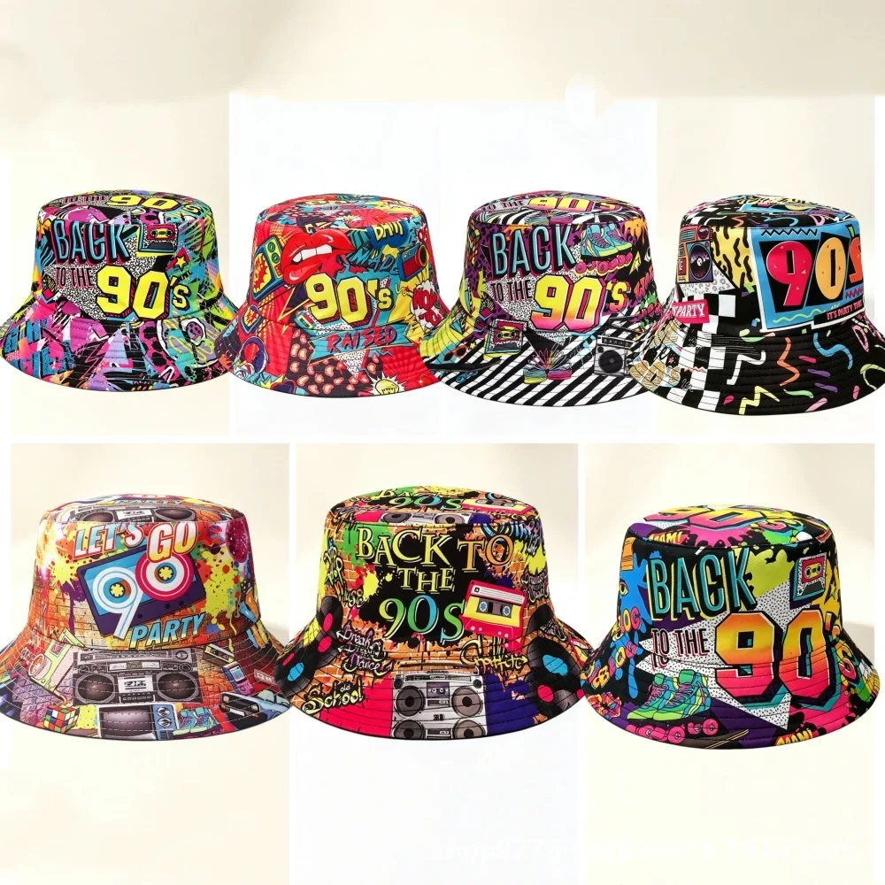 Back To The 90s Bucket Hat Retro Graffiti Print Unisex Wide Brim Sun Hat 90's Theme Party Hip Hop Streetwear Outdoor Travel Hats