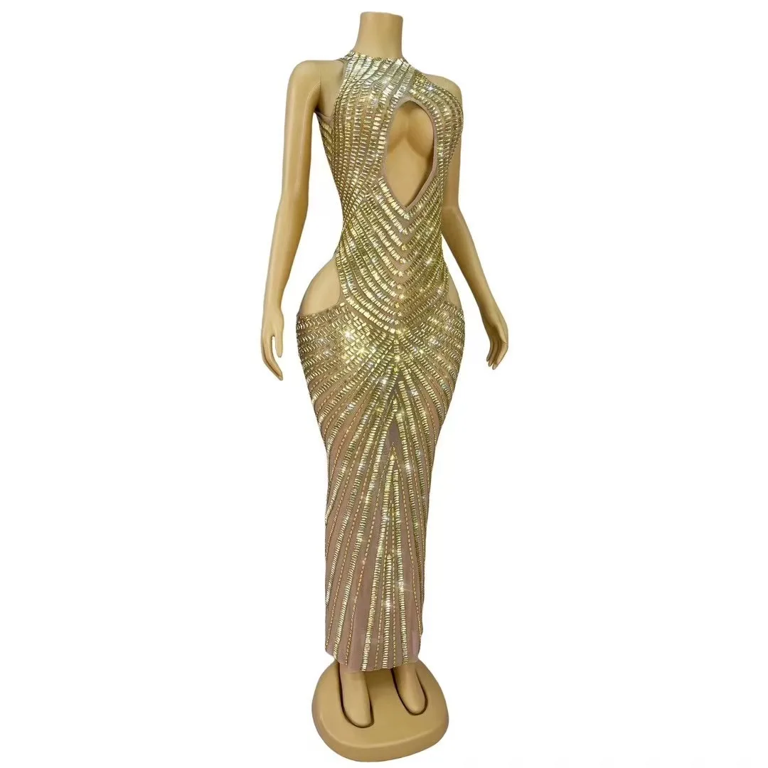セクシーなハイエンドキラキラゴールドラインストーン中空ドレス女性エレガントなカクテルパーティーイブニング誕生日衣装パフォーマンスコスチューム