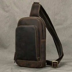 Bolsa de cintura de couro genuíno vintage para homens, bolsa de peito de ombro único, sling, esportes ao ar livre, equitação, ciclismo frente sacos, moda