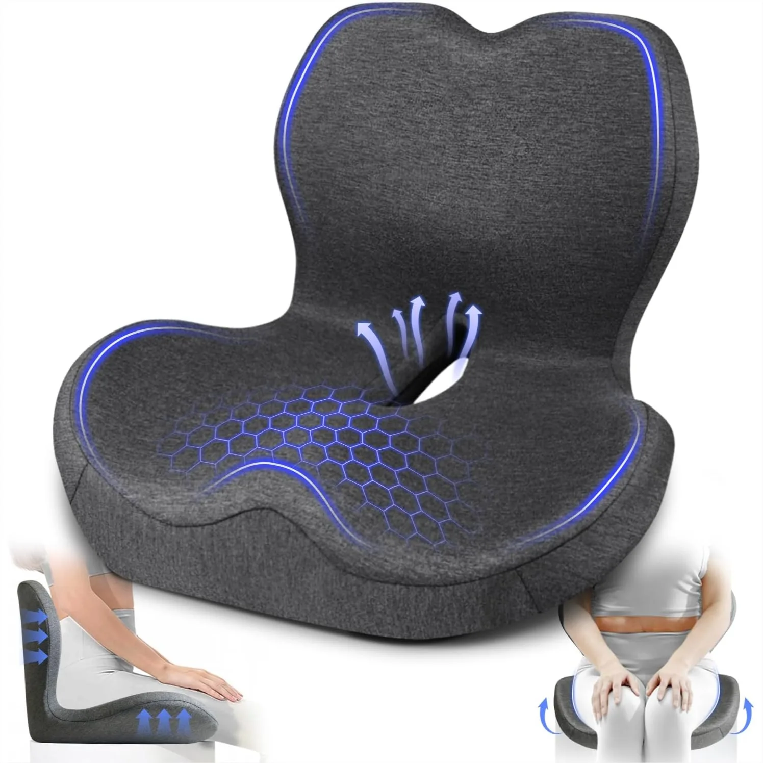 

X-Large Memory Foam Seat Cushion with Lumbar Support for Office Chair, Sciatica Tailbone Pain Relief Coccyx Pad for Car Home