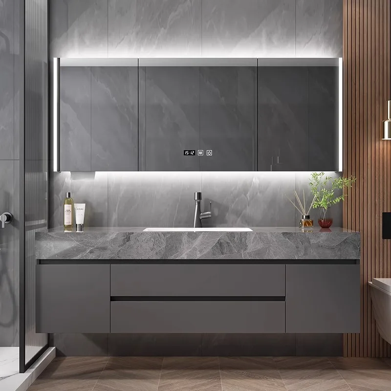 Light luxury rock slab ceramic seamless integrated solid wood bathroom cabinet toilet toilet combined absorption basin washbasin