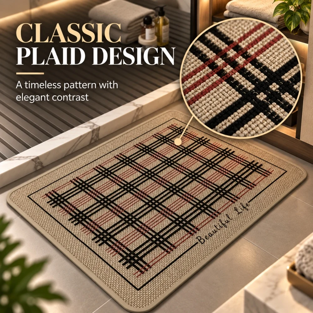 Linen-imitating woven bathroom mat, quick-drying and absorbent, simple design with anti-slip foot pads.