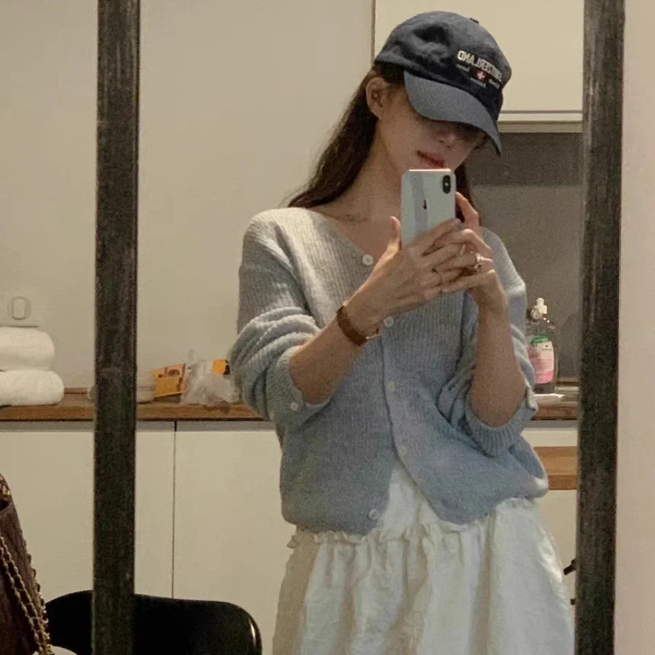 

Мягкий уютный однотонный вязаный открытый кардиган с V-образным вырезом, женский милый длинный свек обычной длины, цвет осени