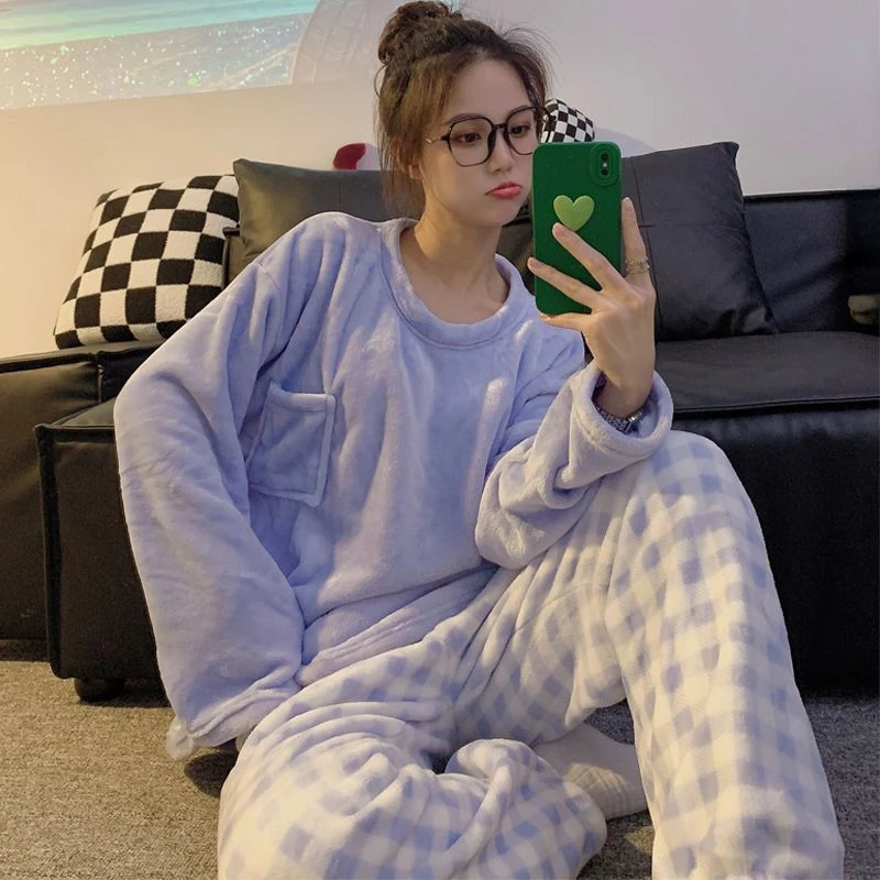 2023Winter Women Pajamas Set Flannel Warm Homewear Suit Sweet Girls Loungewear Pyjamas Casual Students Velt Pijama Sleep Clothes