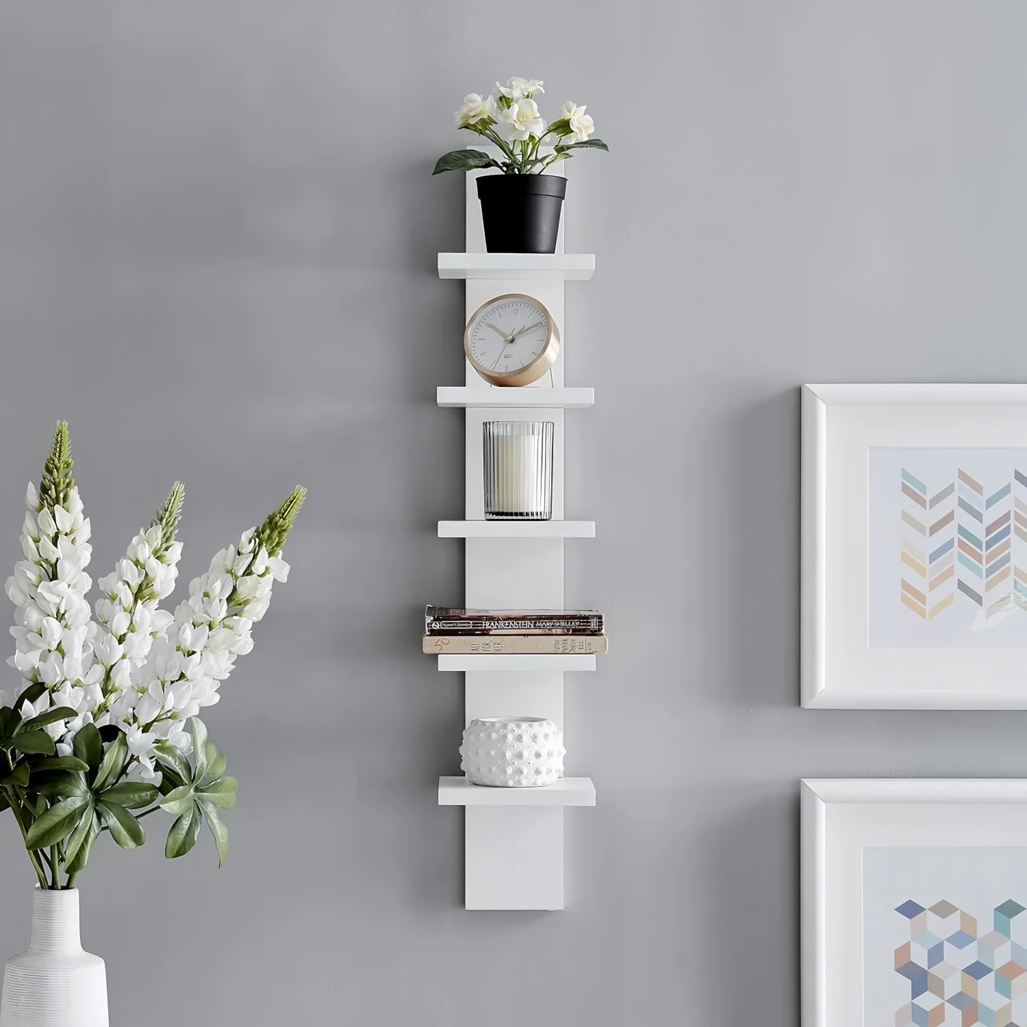 5 Tier Vintage Wood Floating Shelves Unit Modern Column Design Heavy Duty Wall Mount Shelving for Bedrooms Bathrooms Spice
