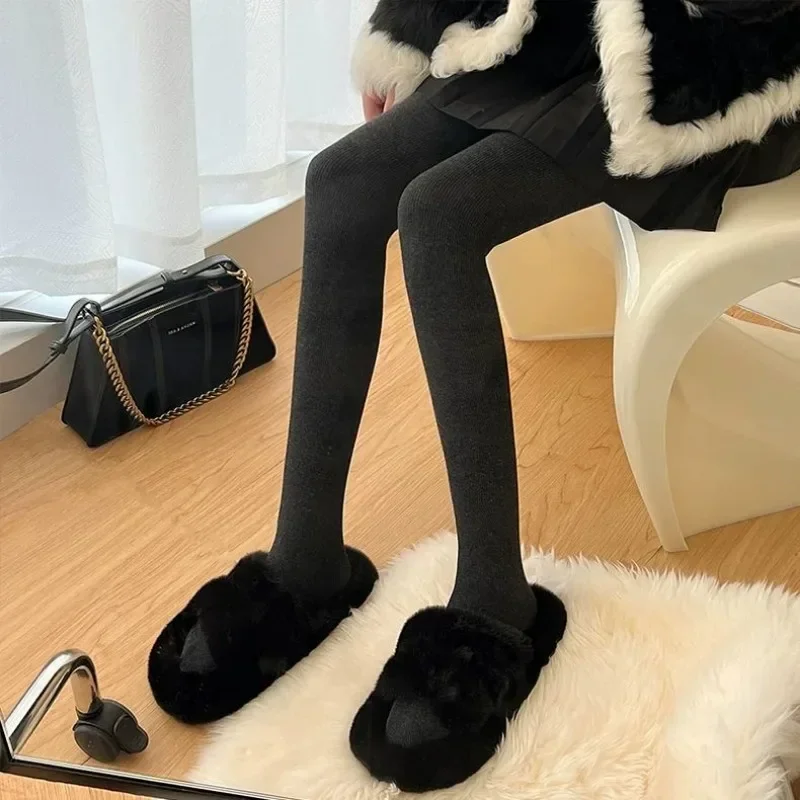 Japanese Cashmere Thick Oat Color Pantyhose Women\'s Winter Warm Thin Velvet White Bottom Socks Vertical Strip Slim Autumn/winter