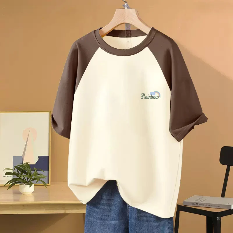 Summer Loose Shoulder Insert Short Sleeve T-Shirt Women's plus Size Casual Color Block Top Korean Style Cotton Blend Tee