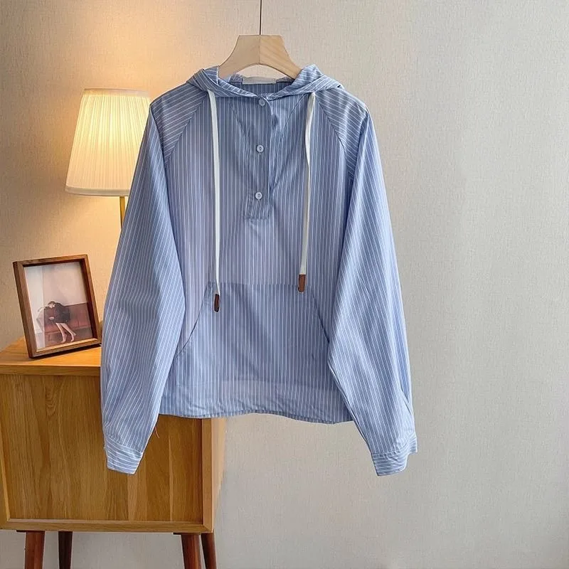 Japanese Style Blue Stripe Hooded Shirts Women Man Spring Autumn Long Sleeves Loose Casual Hoodies Vintage All-matched Coat Tops