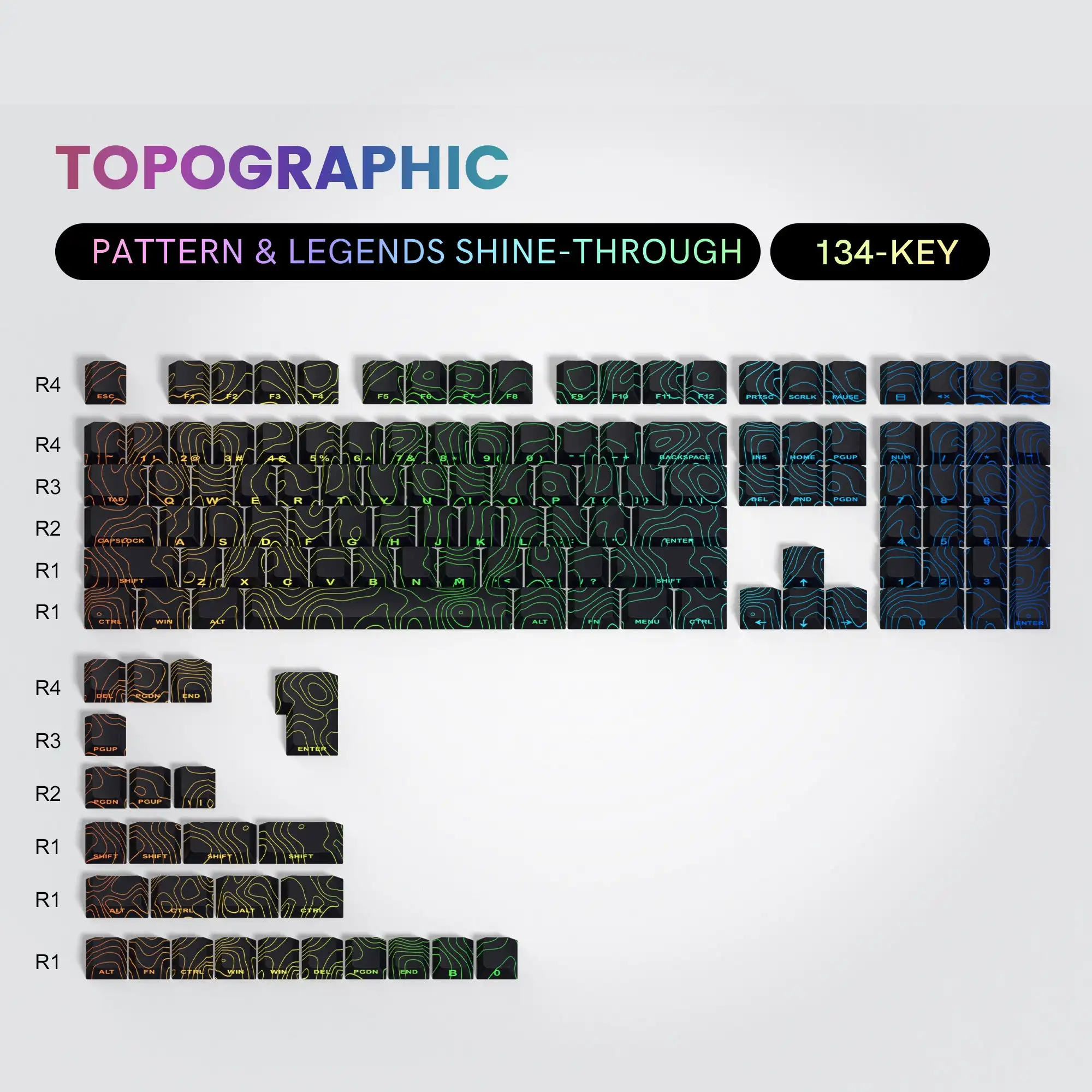 134 Keys Black Topograph V3 3.0 Dye Sub Side Printed Keycap Cherry Profile PBT RGB Backlit Keycaps for Cherry MX Switch Keyboard