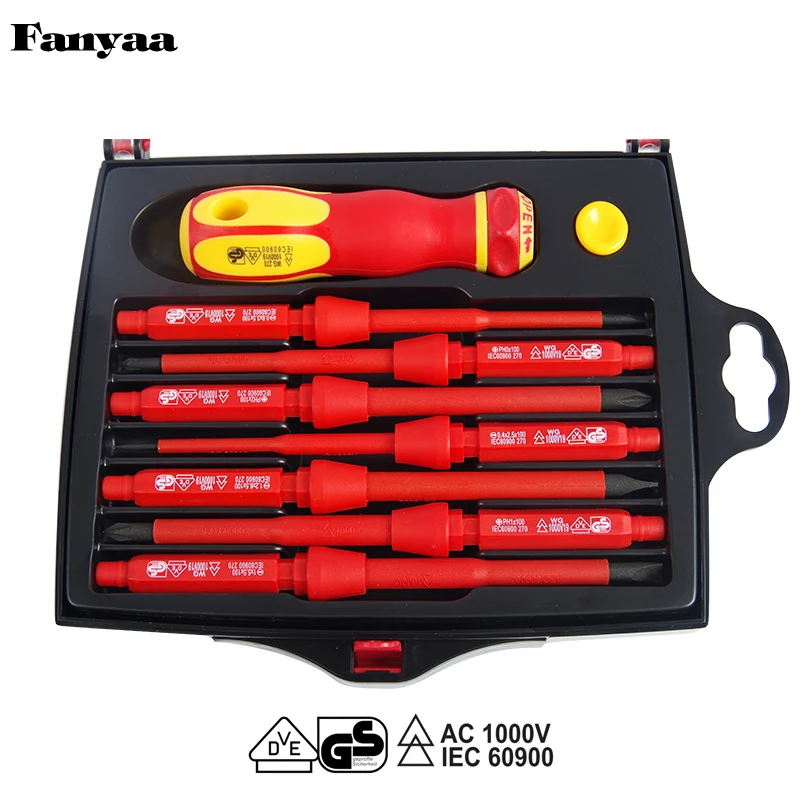 Insulated Electrician Boxed Screwdriver Bit Set 9 pcs, Handle with 7 pcs Slotted, Phillips (Cross Slotted) Screw Driver Bits