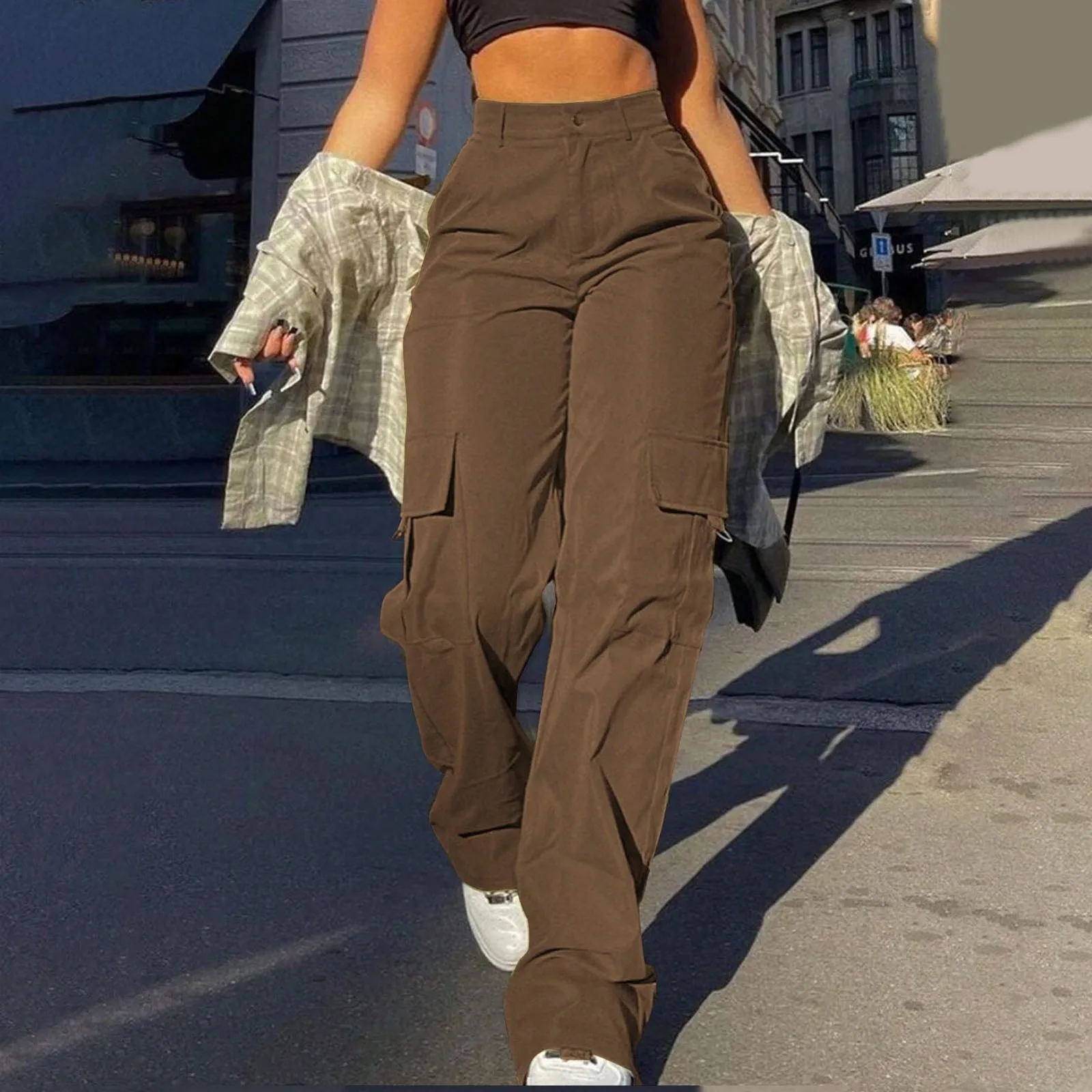 

Streetwear Basic Buckle Cargo Pants Women Parachute Trousers Solid Straight Leg Big Pockets Baggy All-Match Y2K Sweatpants Chic