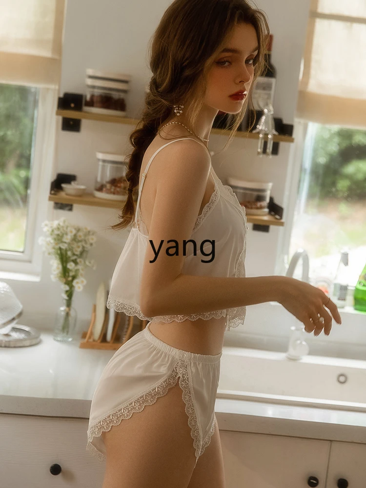 Yjq pajamas women's summer ice silk French suit, high-end small chest sling two-piece set