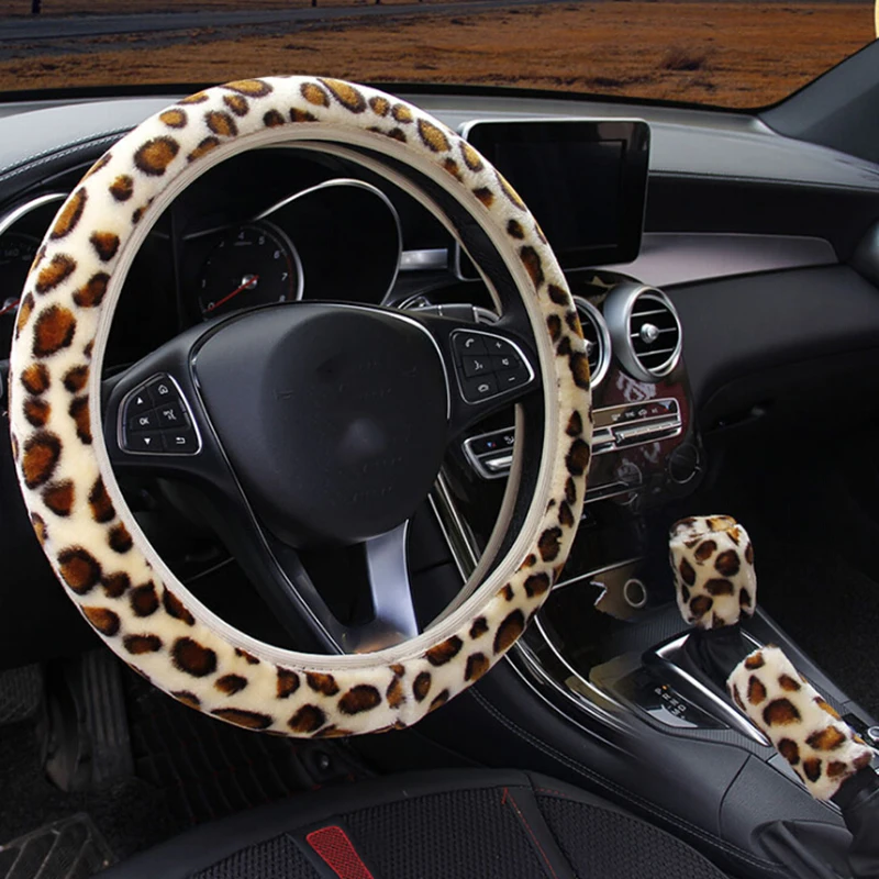 NEW 1/3Pcs/set Fashion Leopard Printed Steering Wheel Cover Hand Brake Gear Protective Cap for Car Auto Accessories