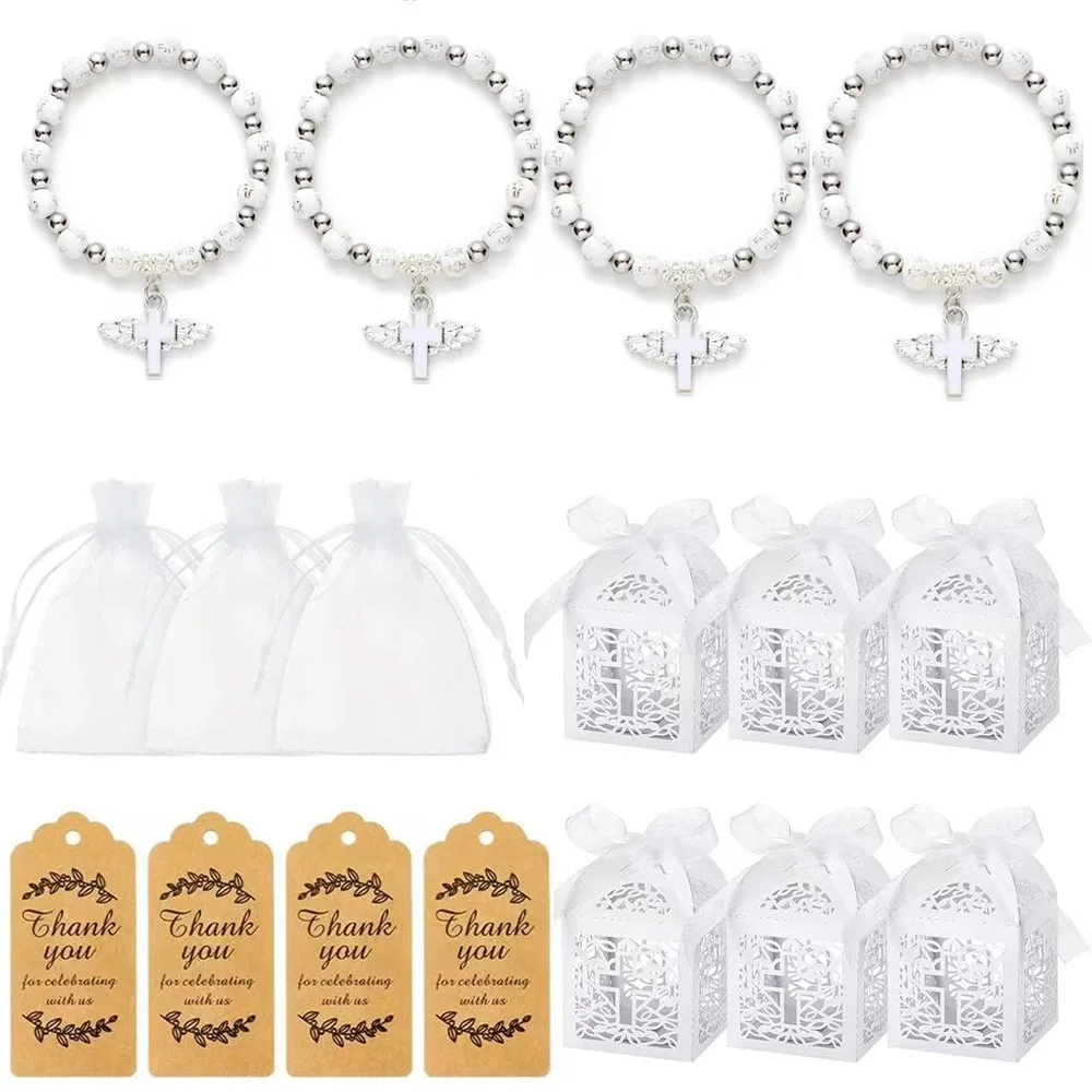 10pcs/20pcs Angel Wings Cross Rosary Bracelet With Gift Box Bag Thank You Card For Baby Baptism Communion Wedding Party Supplies