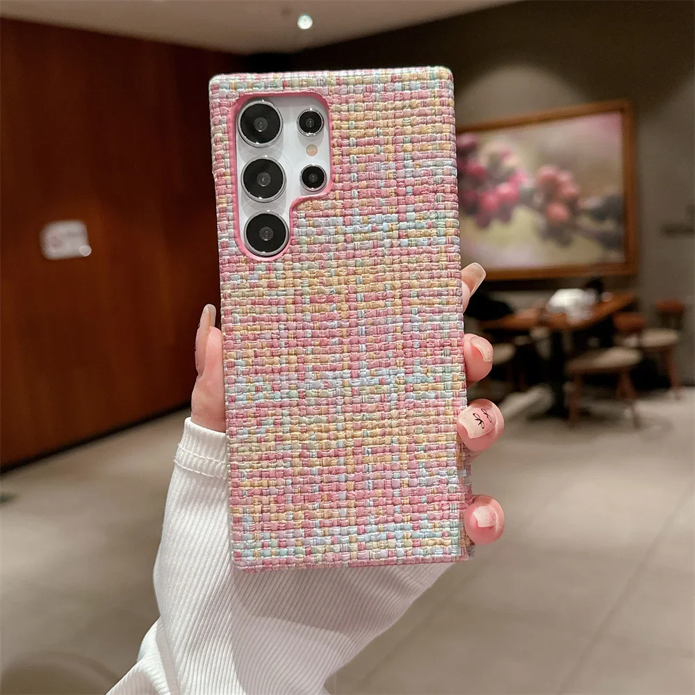 Canvas Weave Plain Fabric Phone Case for Samsung Galaxy S24 S23 S22 S21 Ultra Plus Plush Cloth Pattern Shockproof Protect Cover