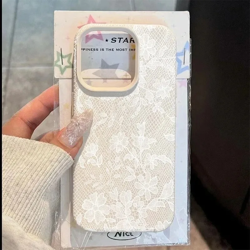 Custodia Morbida in Silicone Bianca con Motivo a Pizzo e Texture Litchi per iPhone 17 16 15 14 Plus 13 12 11 Pro MAX 17 Air