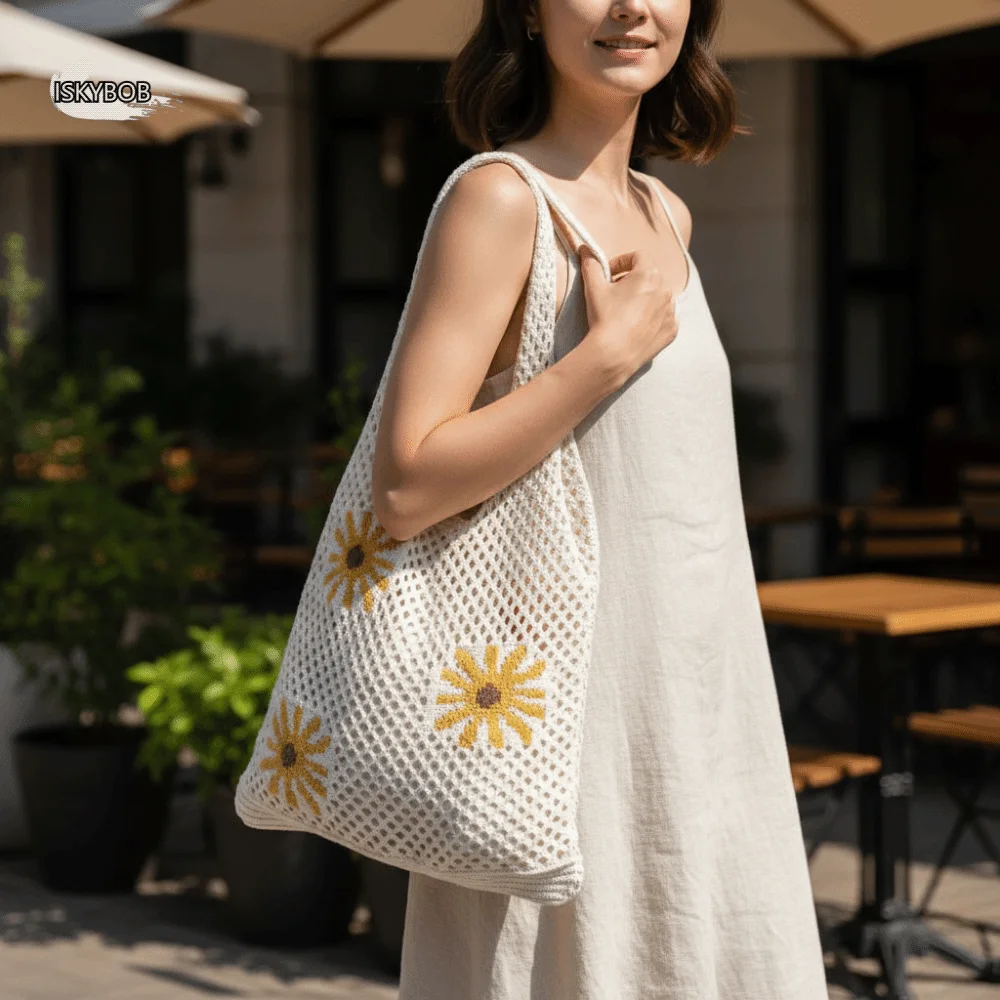 

Trendy Retro Crochet Tote Bag Large Capacity Simple Beach Knitting Bag Eco-Friendly Flowers Pattern Hollow Shoulder Bag Office