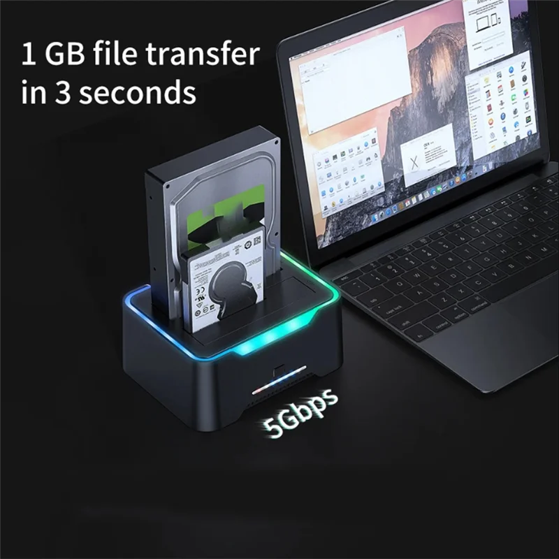 per custodia per disco rigido RGB USB 3.0, base HDD/SSD SATA 2.5/3.5 con funzione di copia offline, nera