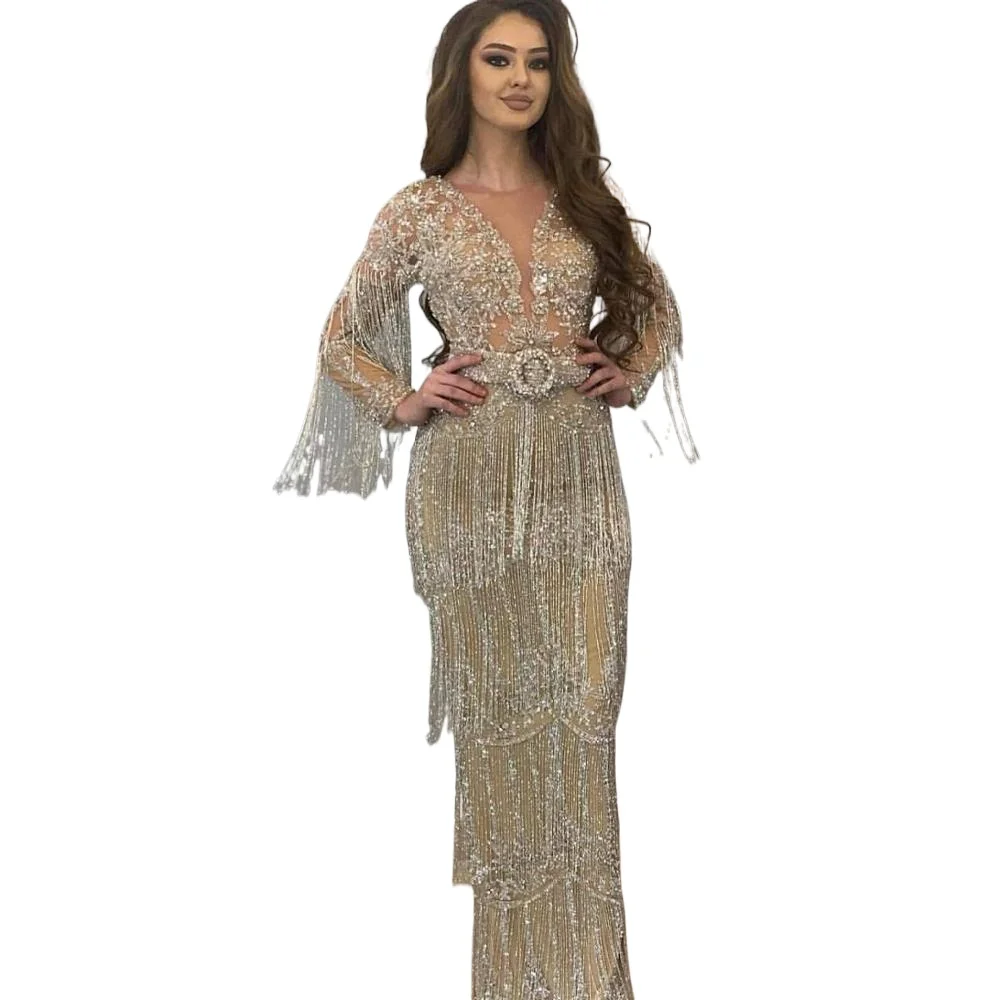 Vestidos De Fiesta De Noche 2024 Sparkly Arabic Mermaid Prom Dresses Long Sleeves Shiny Tassels Beaded Chic Evening Gowns Women