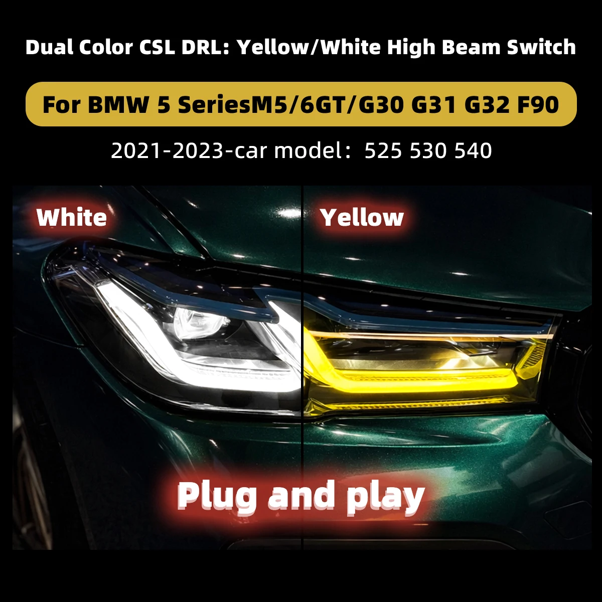 For BMW 5 Series M5 6GT G30 G31 G32 F90 2021-2023 Dual Color DRL CSL Yellow White High Beam Switch Plug and Play Daytime Running