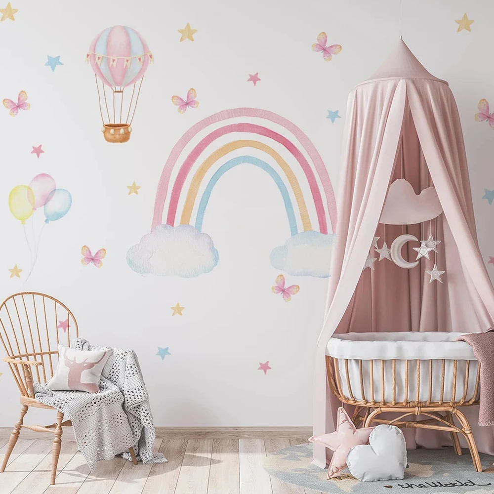 Cartoon Watercolor Rainbow Wall Stickers for Kids Bedroom Nursery Balloon Butterfly Decal Wall Art Wallpaper Home Decoration