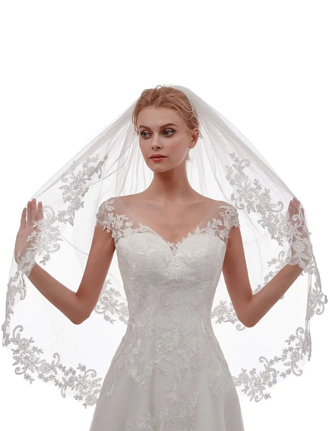 Women\'s Short 2 Tier Lace Wedding Bridal Veil With Comb 75cm