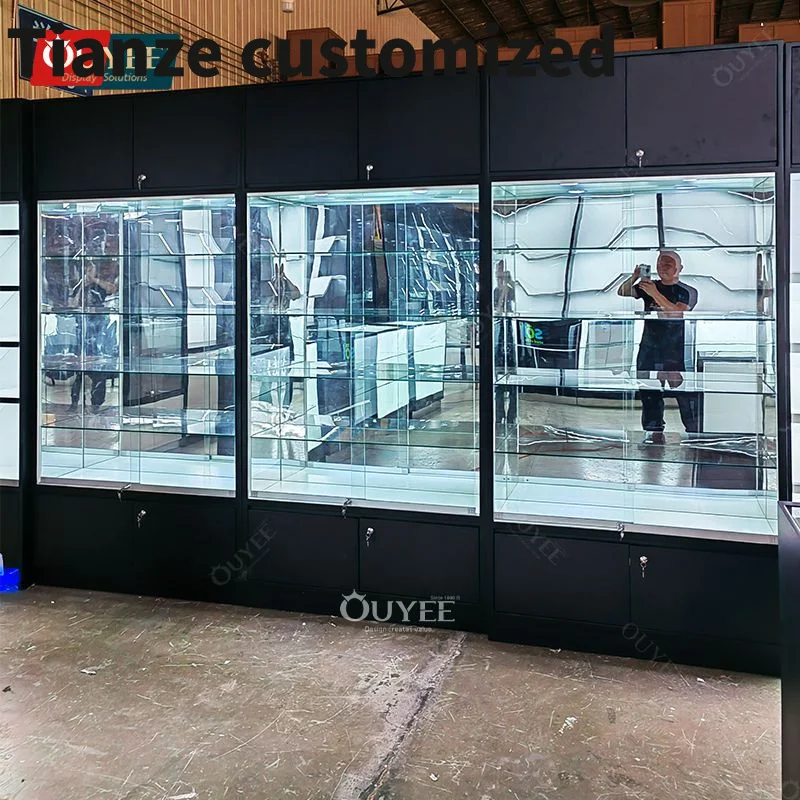 

Customized-modern frameless display retail store glass display showcase LED light cigar rack smoke retail shop display