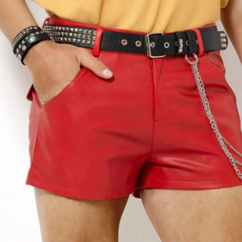 

Men Sexy Imitation Leather Boxer Shorts Solid Casual Short Pants Stage Performance Nightclub Wear Punk Fashion Slim Costumes Man