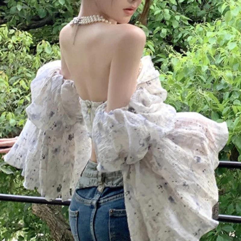 Sweet Blouses for Women Slash Neck Design Backless Lovely Girls Clothing Summer New Trendy Korean Style High Street Flare Sleeve