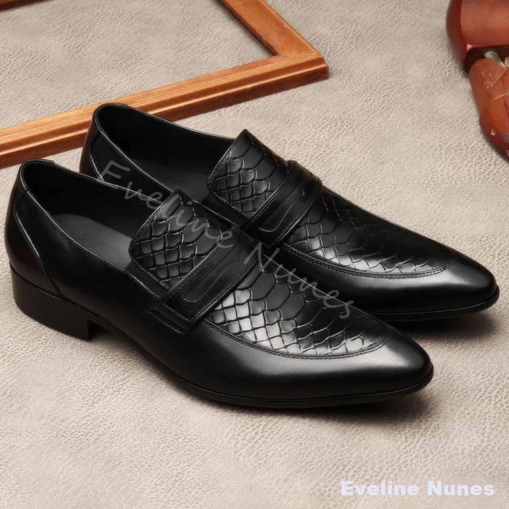 Snakeskin-Embossed Pointed-Toe Leather Shoes Men's Genuine Leather Business Dress Shoes 2026 Spring British-Style Flat Shoes