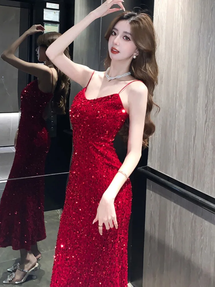 

Red Sequin Bridesmaid Dr Sexy Bodycon Long Evening Gown for Women Summer High Waist Wedding Par Performance Faionable