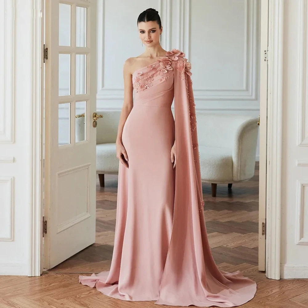 

Индивидуальные вечерние платья на одно плечо с накидкой и рукавами, свадебное платье русалки из бисера с цветком, розовое атласное вечернее платье макси