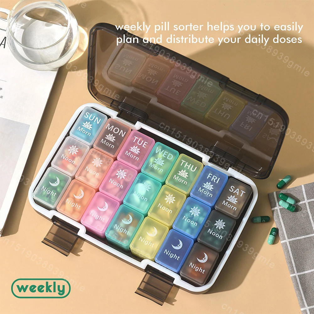 

21/28 Grids Pill Box Pills Organizer 7 Days 3 Times One Day Portable Travel with Large Compartments Vitamins Medicine Fish Oils