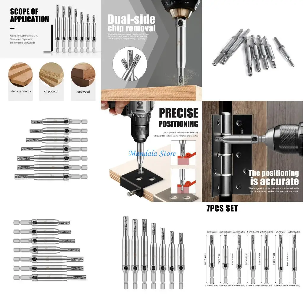 

U2JC 7Pcs Centering Hinge Drill Bit Set Change Door Cabinet Window Hole Puncher Jig