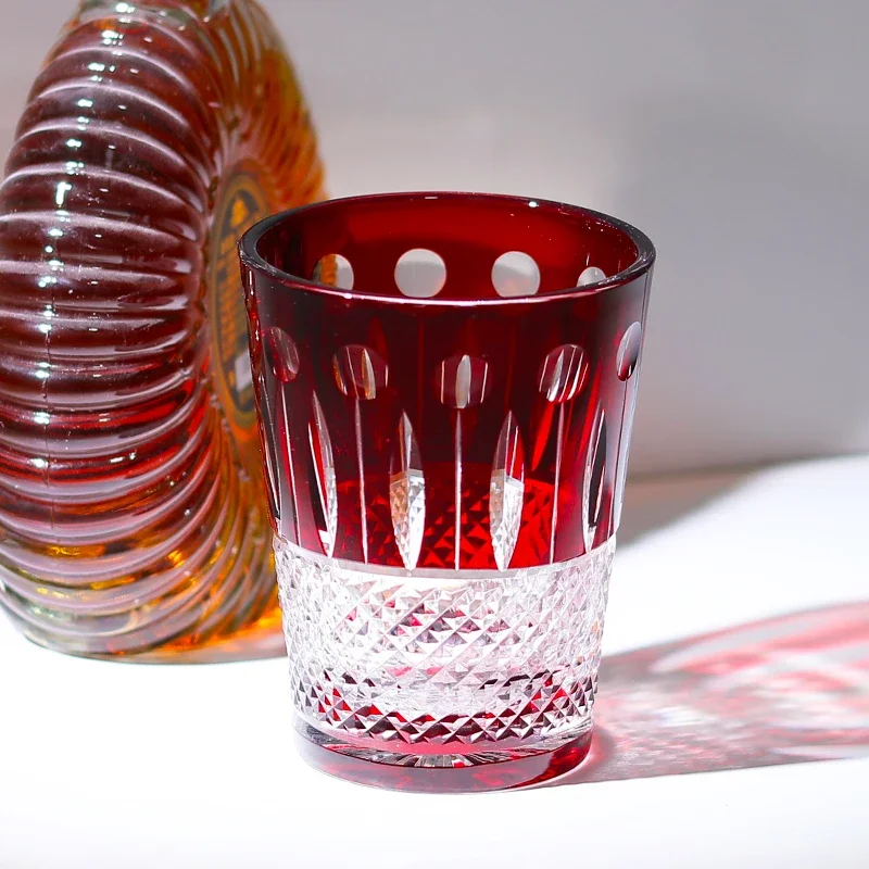 Red Handmade Highball Glass - Modern Cut Crystal Cocktail Tumbler - Art Glass for Whiskey, Iced Tea, Juice - 300ml 4