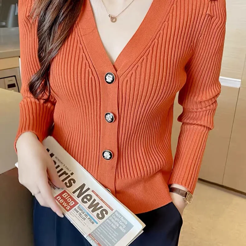 

Puff Sleeve Knitted Cardigan V-neck Slim Body Women's Sweater Jacket Autumn Winter New