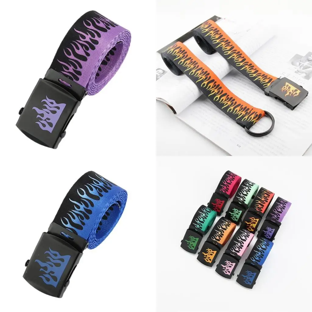 

39BB Hip Hop Flame Pattern Belt With Metal Buckles Durable Weave Fabric Adjustable Waist Strap For Punk Fashion Enthusiasts
