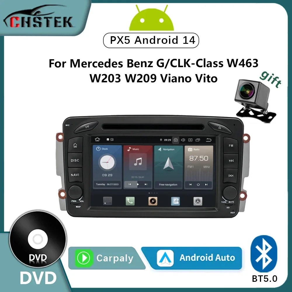 CHSTEK Car Radio Carplay DVD For Mercedes Benz C/G-Class W203 W209 W463 W639 CLK Viano Android 14 Bluetooth Navigation  WIFI GPS