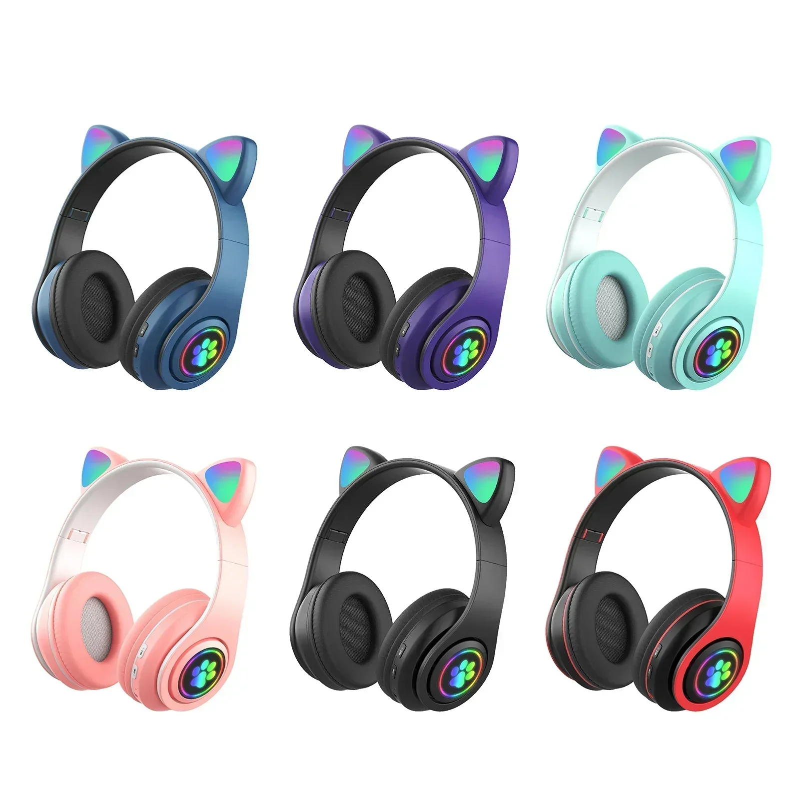 B39 Cute Cat Ears Wireless Headphone With Mic Flash Light LED Stereo Music Helmet Foldable Phone Headset Kid Girl Gift