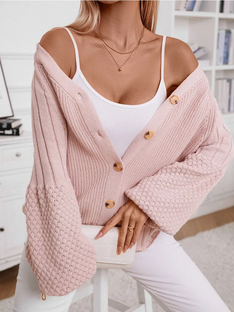 

V-neck Single-breasted Pink Cardigan Sweater Women 2025 Loose Casual Lantern Sleeve Knitted Outerwears