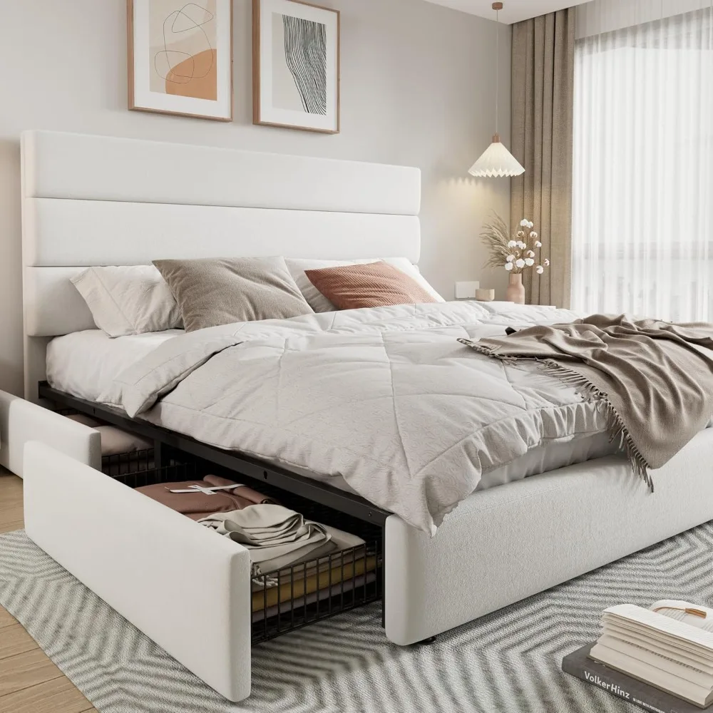 

Contemporary King-Sized Platform Bed with Velvet Headboard, Storage Drawers, and Wooden Slat Support