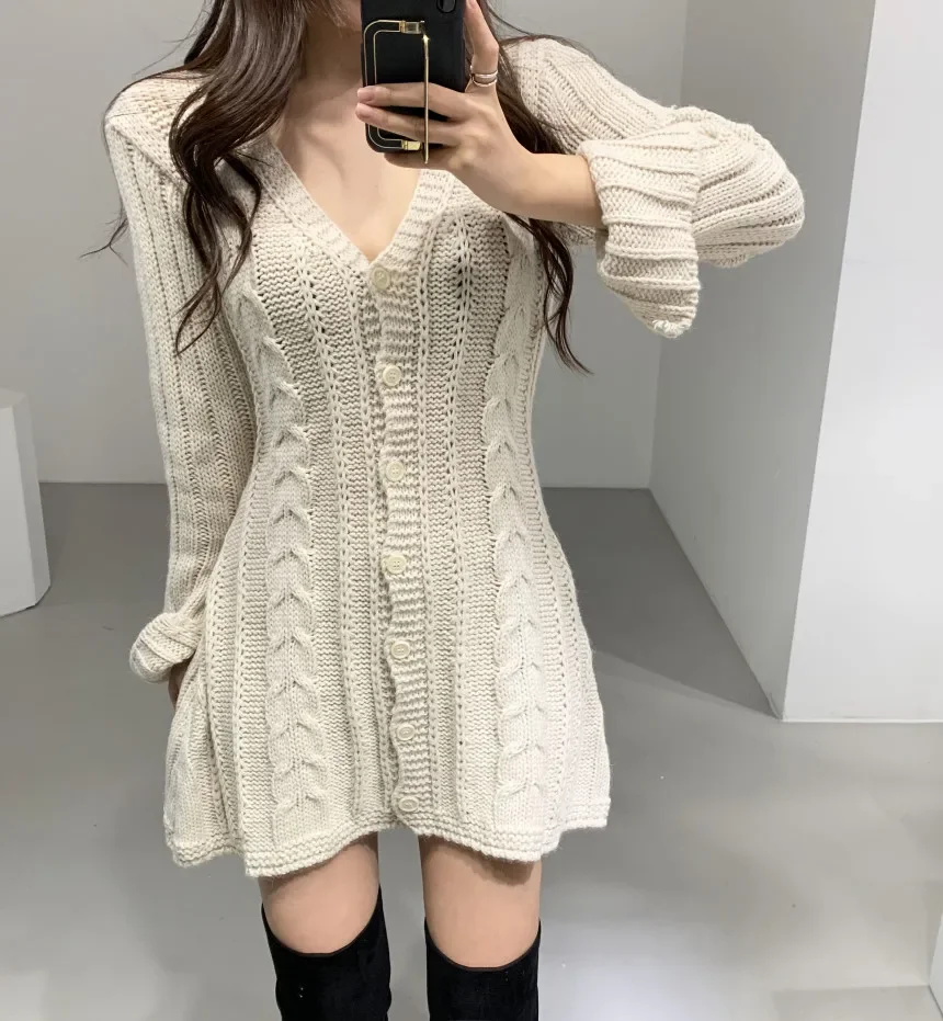 Vestido de camisola para mulheres manga longa cabo malha botão para baixo mini vestido de malha para mulheres adolescente outono inverno roupa chique