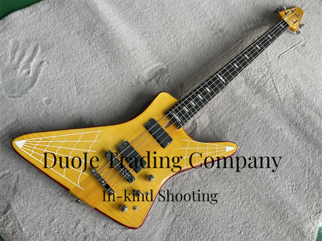 Yellow bass 4-string electric bass maple neck through basswood body Flamed maple top with spider web pattern chrome hardware