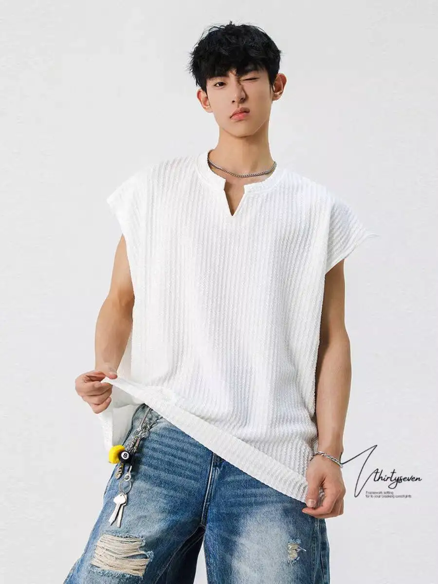 

Man Sleeveless T-shirts 2026 New Tank Top For Men Summer Casual Loose Textured V Neck T Shirt Trendy Streetwear Vest