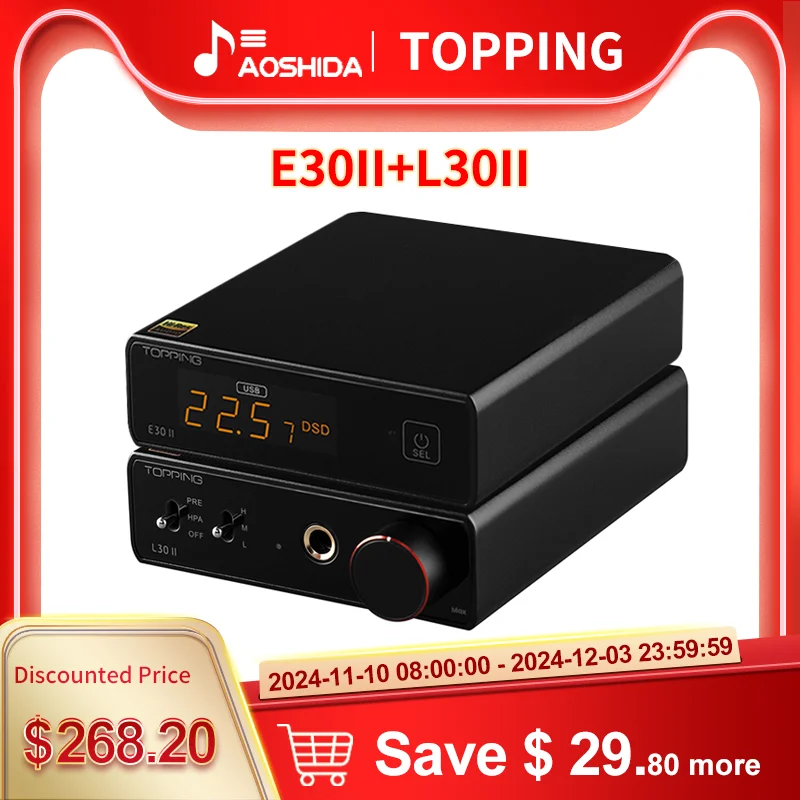 TOPPING E30 II+TOPPING L30 II+RCA Cable,Hi-Res Audio 2xAK4493S DAC,NFCA Headphone Amplifier 6.35MM,Audio Decoder Headphone AMP