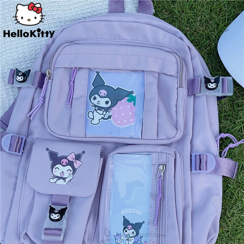 Mochila Sanrio Cartoon para estudantes, mochila feminina de grande capacidade, bolsa de ombro estética, estilo coreano, nova, roxa, Kuromi, Y2k